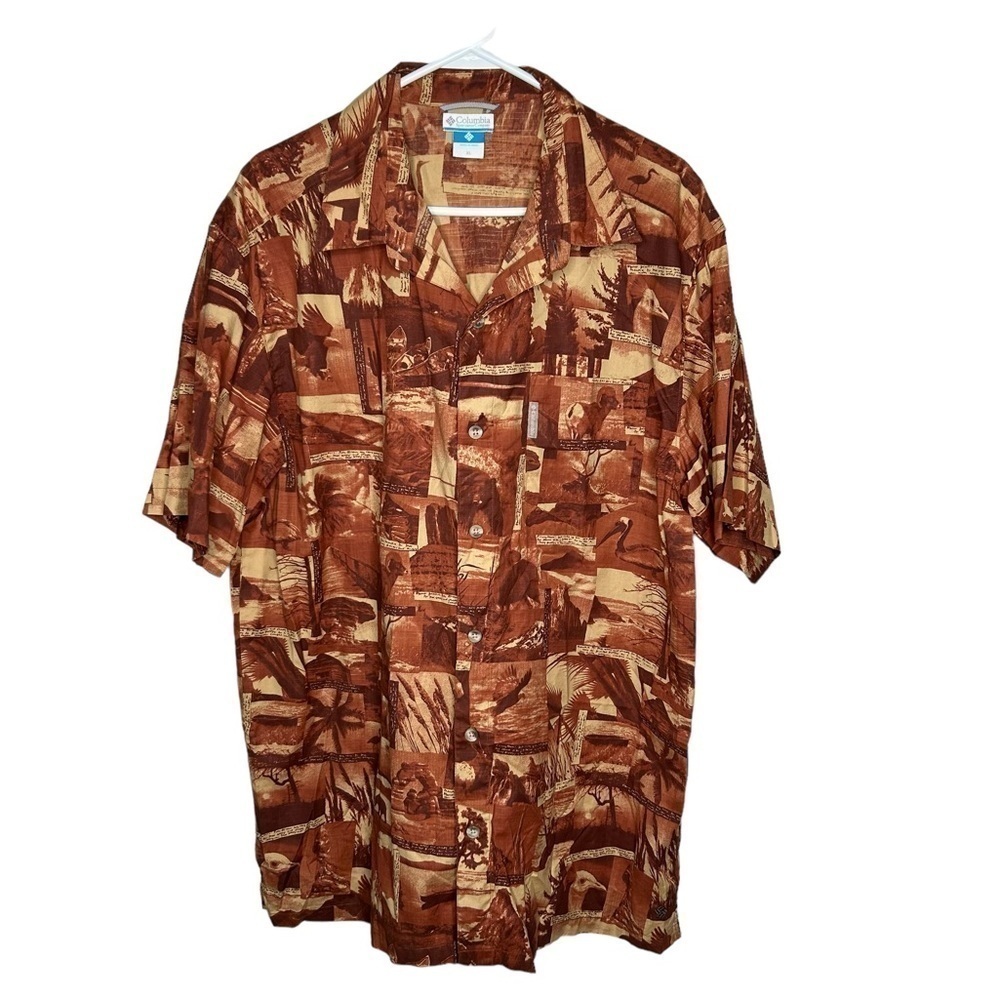 Columbia Mens Hawaiian Shirt Orange Brown Nature Print Button Down Fishing XL